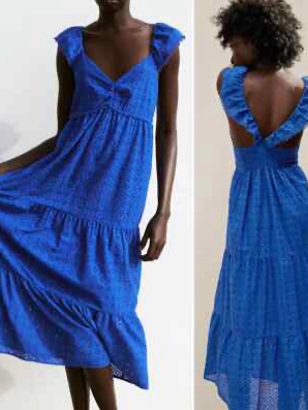 Zara XS Blue Ruffled V‑Back Maxi Dress